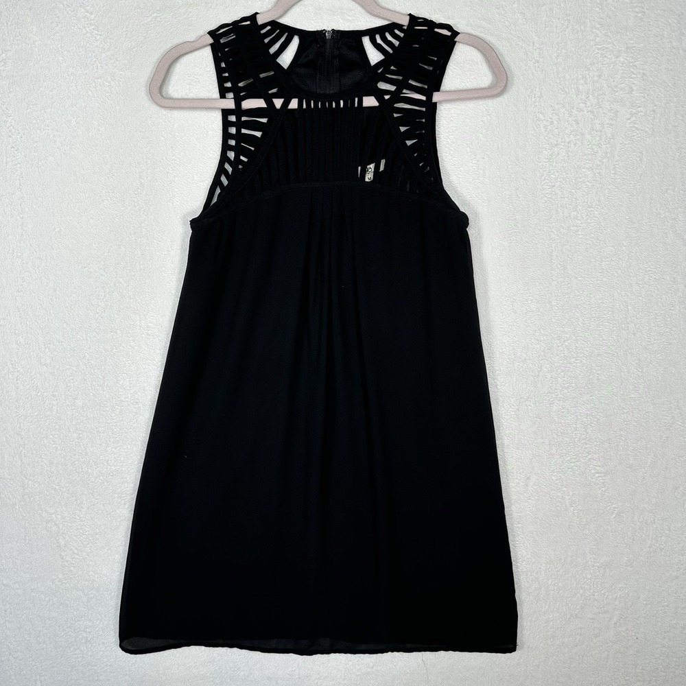 YA Los Angeles Black Cage Neck Shift Dress Strappy Mini Sz M Edgy Night Out